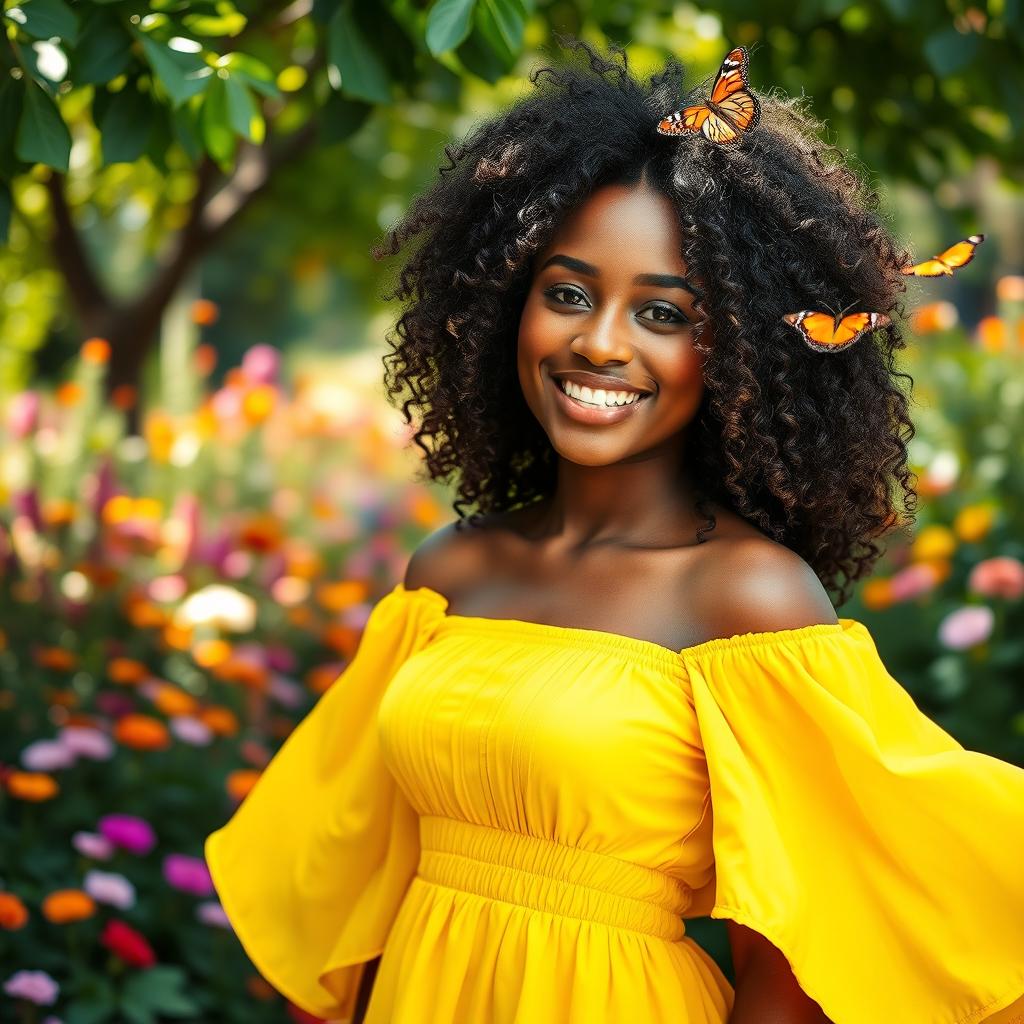 A stunning portrait of a young Black woman with beautiful curly hair, wearing a vibrant yellow dress that flares out elegantly