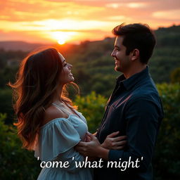 A romantic scene featuring a couple immersed in a picturesque landscape, emphasizing deep affection and connection