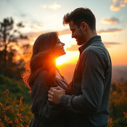 A romantic scene featuring a couple immersed in a picturesque landscape, emphasizing deep affection and connection