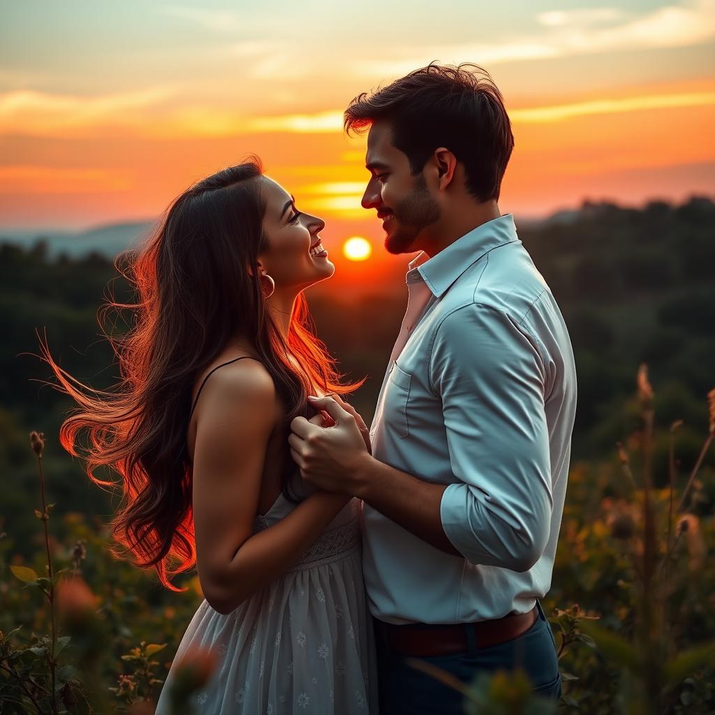 A romantic scene featuring a couple immersed in a picturesque landscape, emphasizing deep affection and connection