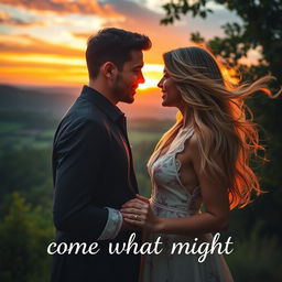 A romantic scene featuring a couple immersed in a picturesque landscape, emphasizing deep affection and connection
