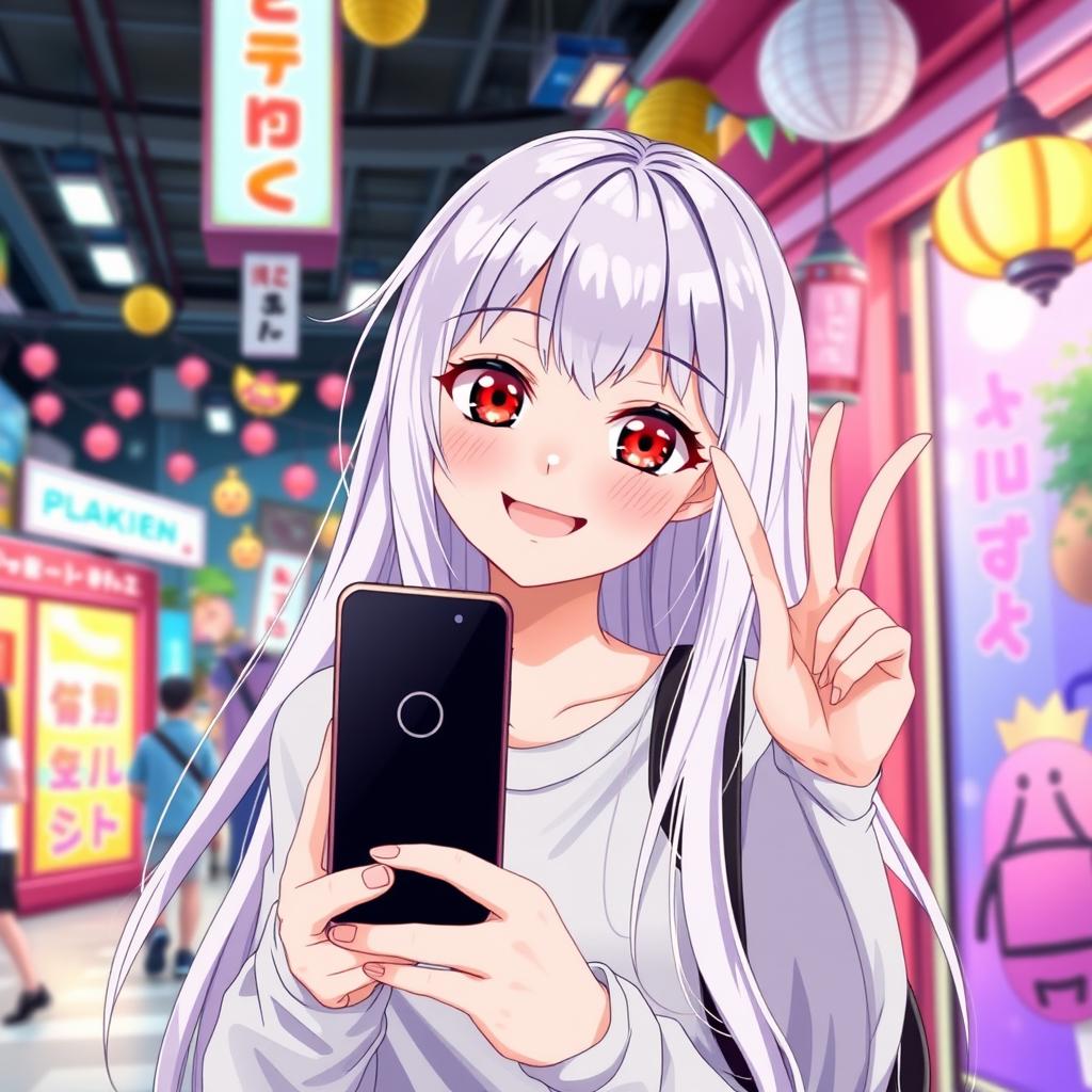 A teenage girl in anime style featuring long, flowing white hair and captivating red eyes, happily posing for a selfie