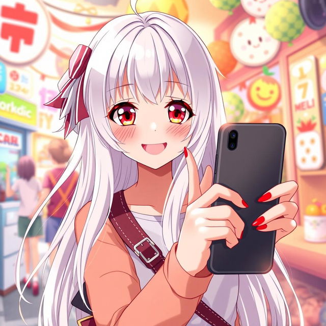 A teenage girl in anime style featuring long, flowing white hair and captivating red eyes, happily posing for a selfie