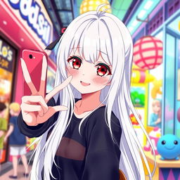 A teenage girl in anime style featuring long, flowing white hair and captivating red eyes, happily posing for a selfie