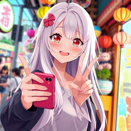 A teenage girl in anime style featuring long, flowing white hair and captivating red eyes, happily posing for a selfie