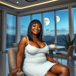 A realistic full-body image of a mature woman, approximately 50 years old, with straight black hair and light brown mulatto features