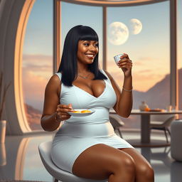 A realistic full-body image of a mature woman, approximately 50 years old, with straight black hair and light brown mulatto features