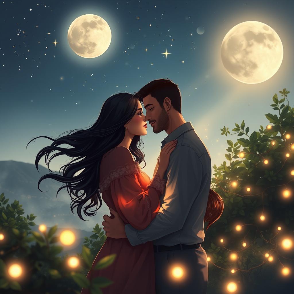 A romantic and ethereal scene depicting two lovers, Mahtab and their partner, holding each other under a starlit sky