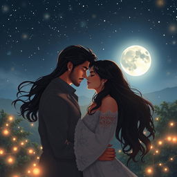A romantic and ethereal scene depicting two lovers, Mahtab and their partner, holding each other under a starlit sky