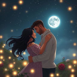 A romantic and ethereal scene depicting two lovers, Mahtab and their partner, holding each other under a starlit sky