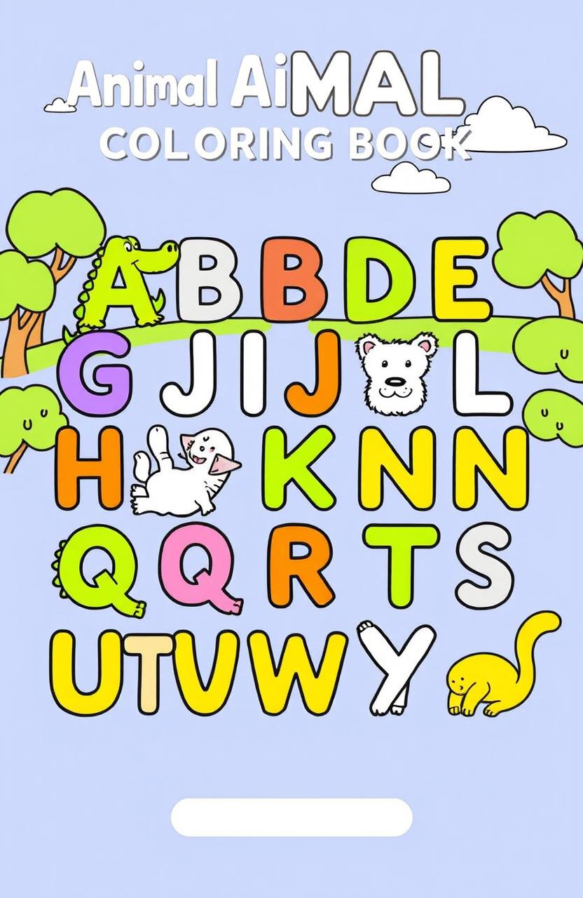 A vibrant and engaging design for an animal alphabet coloring book, featuring each letter of the alphabet represented by a unique animal