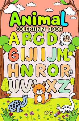 A vibrant and engaging design for an animal alphabet coloring book, featuring each letter of the alphabet represented by a unique animal
