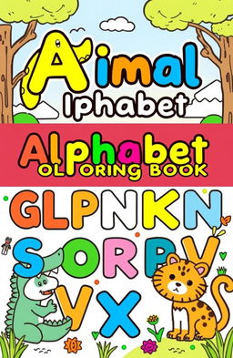 A vibrant and engaging design for an animal alphabet coloring book, featuring each letter of the alphabet represented by a unique animal