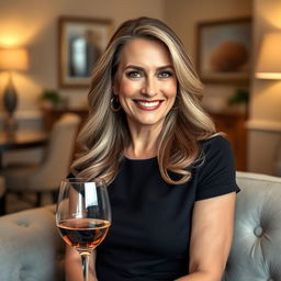A charming and elegant middle-aged woman, exuding confidence and sophistication, wearing a stylish outfit that flatters her figure
