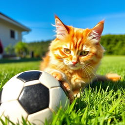 A cute cat playfully interacting with a football, the cat is a fluffy orange tabby with bright green eyes, sitting on a lush green lawn, under a clear blue sky