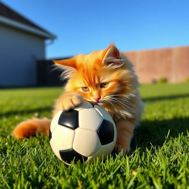 A cute cat playfully interacting with a football, the cat is a fluffy orange tabby with bright green eyes, sitting on a lush green lawn, under a clear blue sky