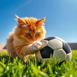 A cute cat playfully interacting with a football, the cat is a fluffy orange tabby with bright green eyes, sitting on a lush green lawn, under a clear blue sky