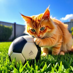 A cute cat playfully interacting with a football, the cat is a fluffy orange tabby with bright green eyes, sitting on a lush green lawn, under a clear blue sky