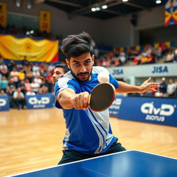 A dynamic scene of a skilled table tennis player named Amir Ali, in mid-action, showcasing his exceptional ping pong skills