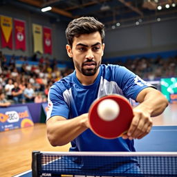 A dynamic scene of a skilled table tennis player named Amir Ali, in mid-action, showcasing his exceptional ping pong skills