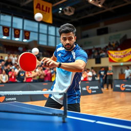 A dynamic scene of a skilled table tennis player named Amir Ali, in mid-action, showcasing his exceptional ping pong skills
