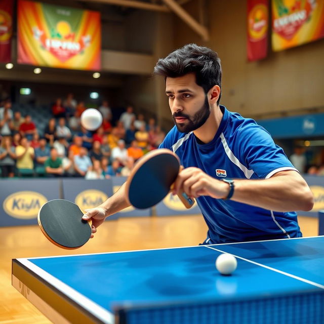 A dynamic scene of a skilled table tennis player named Amir Ali, in mid-action, showcasing his exceptional ping pong skills