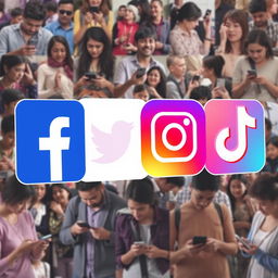 A vibrant collage showcasing the logos of popular social media platforms including Facebook, Twitter, Instagram, and TikTok