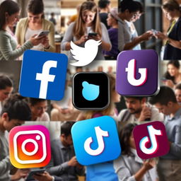 A vibrant collage showcasing the logos of popular social media platforms including Facebook, Twitter, Instagram, and TikTok