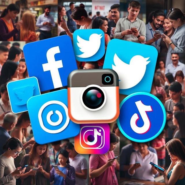 A vibrant collage showcasing the logos of popular social media platforms including Facebook, Twitter, Instagram, and TikTok