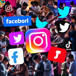 A vibrant collage showcasing the logos of popular social media platforms including Facebook, Twitter, Instagram, and TikTok