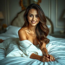 A beautiful and serene bedroom scene featuring a young woman lying on a soft, luxurious bed