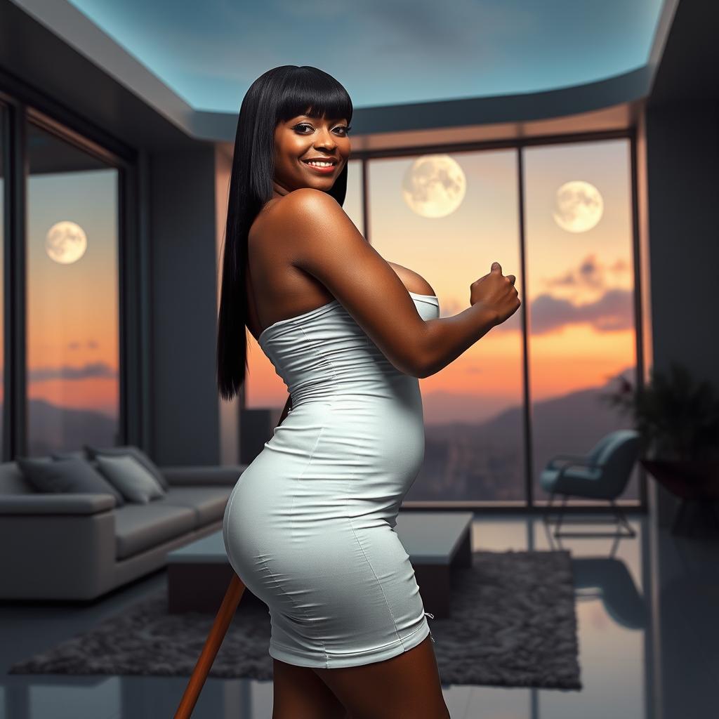 A realistic full-body image of a mature woman, around 50 years old, with straight black hair and light brown mulatto features
