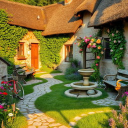 A beautifully detailed scene of the courtyard of an old rustic cottage, featuring cobblestone pathways winding through vibrant gardens filled with blooming wildflowers in a variety of colors, soft green grasses, and lush greenery