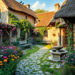 A beautifully detailed scene of the courtyard of an old rustic cottage, featuring cobblestone pathways winding through vibrant gardens filled with blooming wildflowers in a variety of colors, soft green grasses, and lush greenery