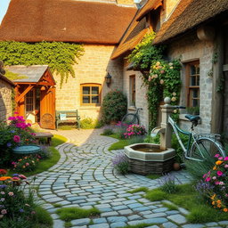 A beautifully detailed scene of the courtyard of an old rustic cottage, featuring cobblestone pathways winding through vibrant gardens filled with blooming wildflowers in a variety of colors, soft green grasses, and lush greenery