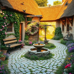 A beautifully detailed scene of the courtyard of an old rustic cottage, featuring cobblestone pathways winding through vibrant gardens filled with blooming wildflowers in a variety of colors, soft green grasses, and lush greenery