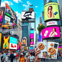 A vibrant collage of advertisements showcasing various marketing techniques, featuring billboards on busy city streets, creative commercials playing on large screens, and magazine ads prominently displayed