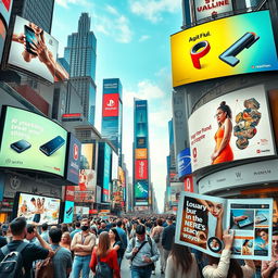 A vibrant collage of advertisements showcasing various marketing techniques, featuring billboards on busy city streets, creative commercials playing on large screens, and magazine ads prominently displayed