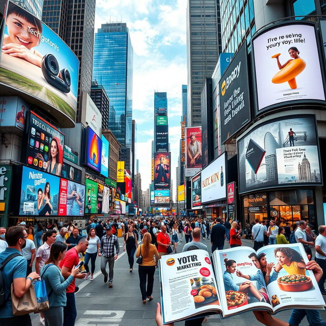 A vibrant collage of advertisements showcasing various marketing techniques, featuring billboards on busy city streets, creative commercials playing on large screens, and magazine ads prominently displayed