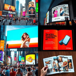 A vibrant collage of advertisements showcasing various marketing techniques, featuring billboards on busy city streets, creative commercials playing on large screens, and magazine ads prominently displayed