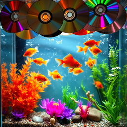 A beautifully decorated fish tank that features colorful fish swimming among a creative arrangement of shiny CDs hanging from above