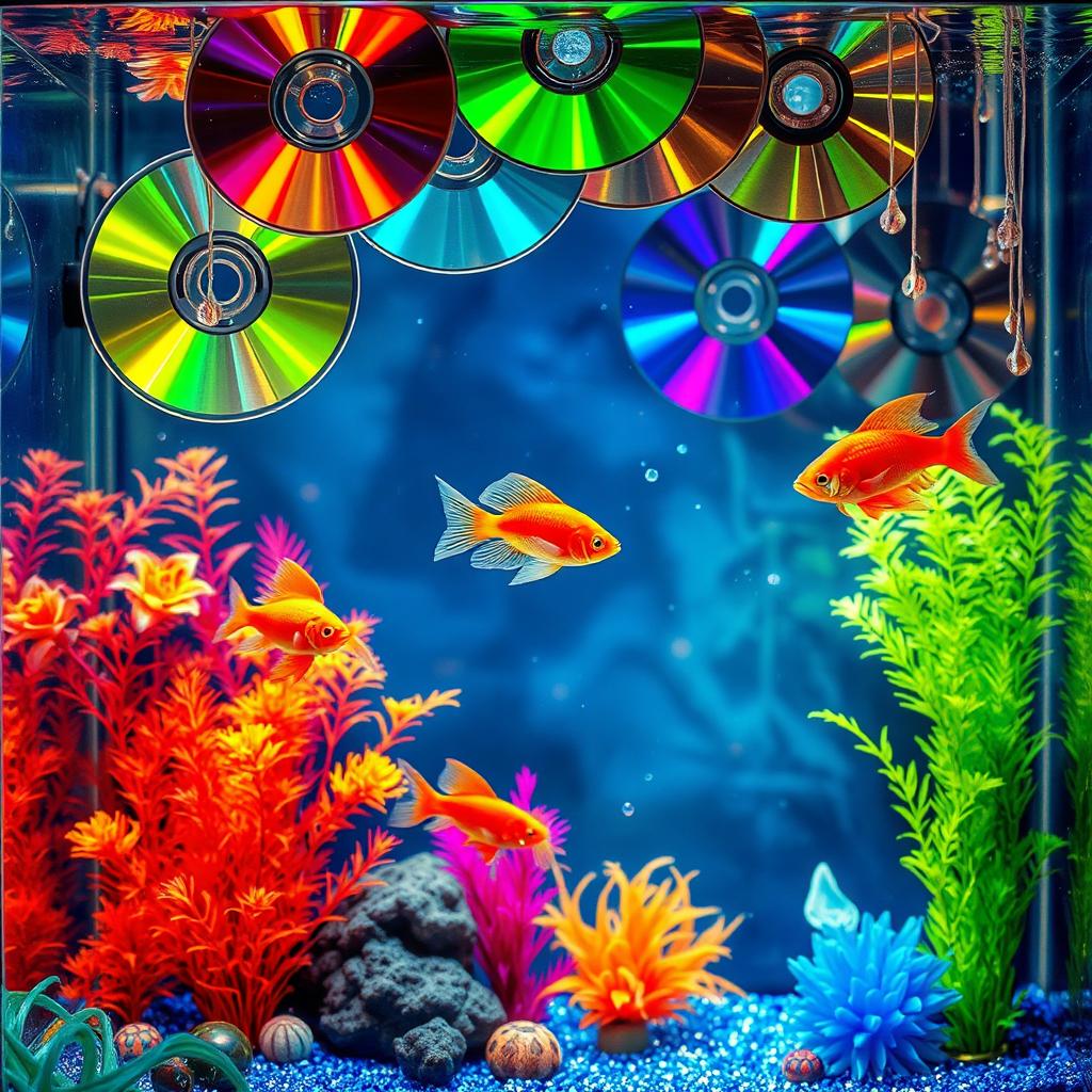 A beautifully decorated fish tank that features colorful fish swimming among a creative arrangement of shiny CDs hanging from above