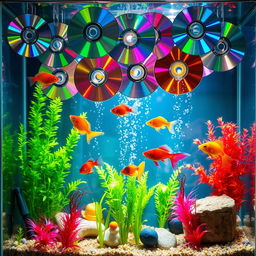 A beautifully decorated fish tank that features colorful fish swimming among a creative arrangement of shiny CDs hanging from above