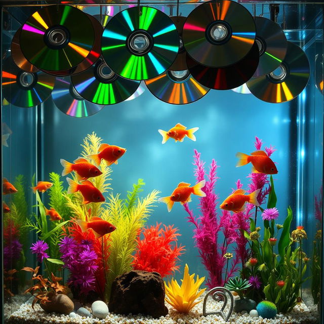 A beautifully decorated fish tank that features colorful fish swimming among a creative arrangement of shiny CDs hanging from above