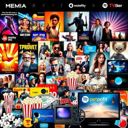 A vibrant, dynamic collage showcasing various elements of entertainment in media