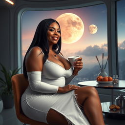 A realistic full-body image of a mature woman, approximately 50 years old, with straight black hair and light brown mulatto features