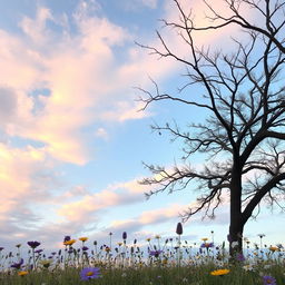 A serene and aesthetic scene set against a beautiful sky background