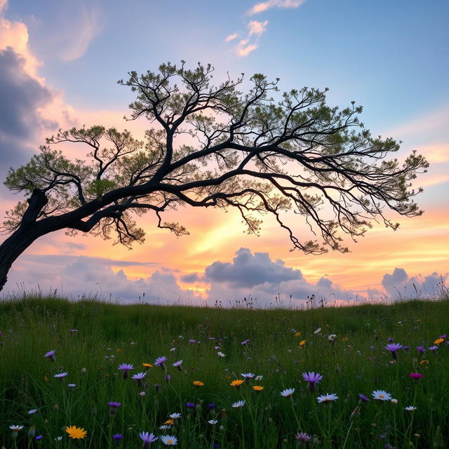 A serene and aesthetic scene set against a beautiful sky background