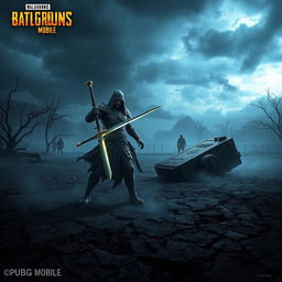 A dark fantasy scene set in the world of PUBG MOBILE, depicting a desolate battlefield under a stormy sky, with cracked earth and withered trees