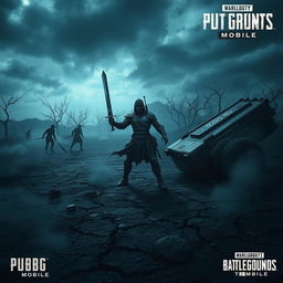 A dark fantasy scene set in the world of PUBG MOBILE, depicting a desolate battlefield under a stormy sky, with cracked earth and withered trees